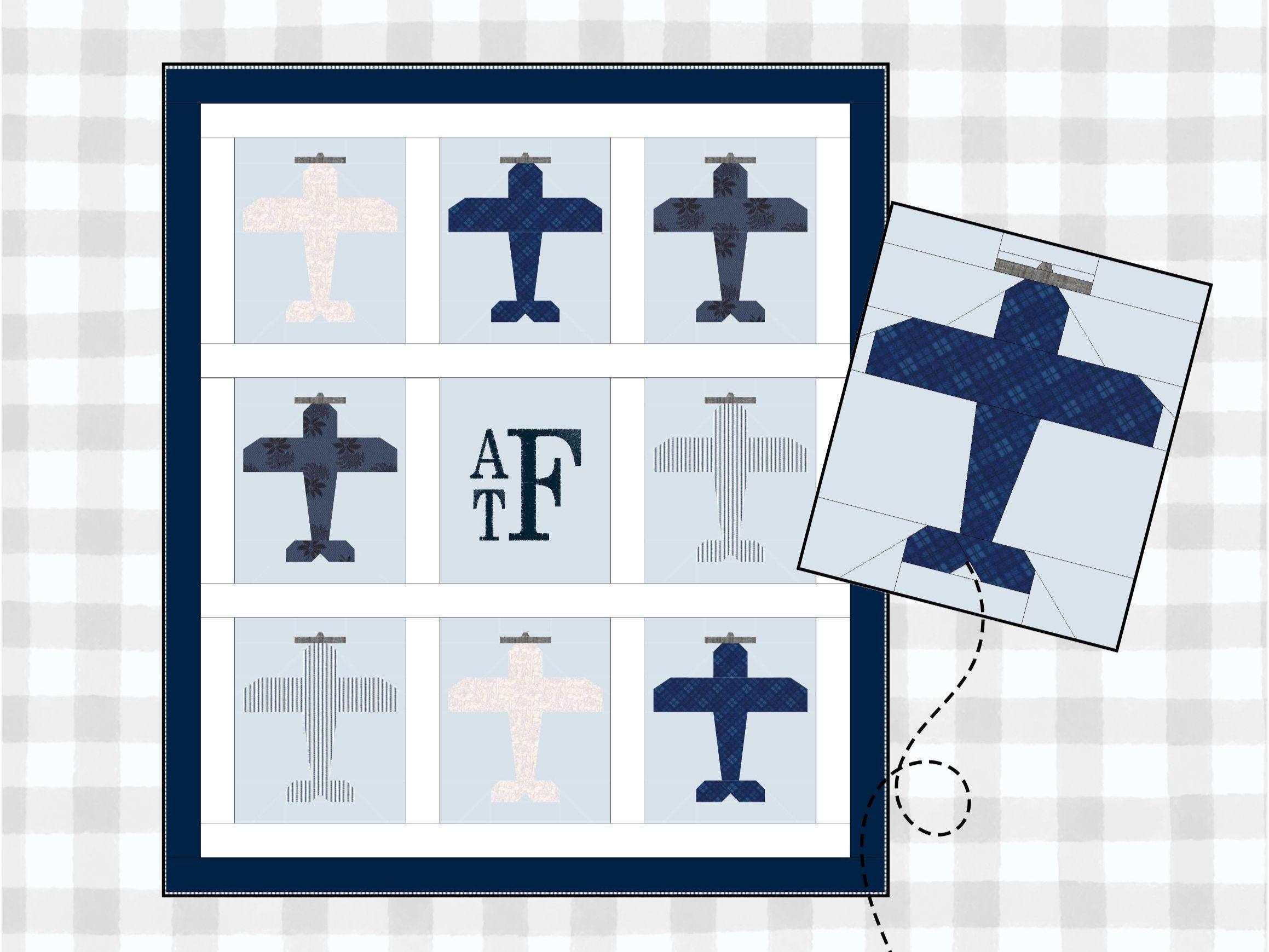 Biplane Quilt Pattern: Vintage Airplane FPP Design (PDF Download, 42x48 inches)