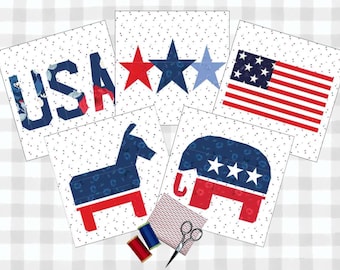 Patriotic Quilt Block FPP Patterns: American Flag, Donkey, Elephant (PDF Pattern Bundle)
