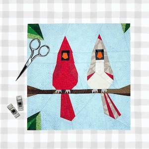 Patrón de pareja de cardenales norteños en FPP / 2 tamaños / Bloque de colcha con piezas de papel / Descarga digital