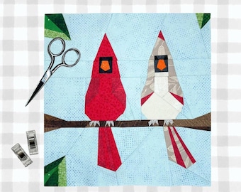 Northern Cardinal Pair Bird FPP Pattern | 2 Sizes | Paper Pieced Quilt Block | Digital Download