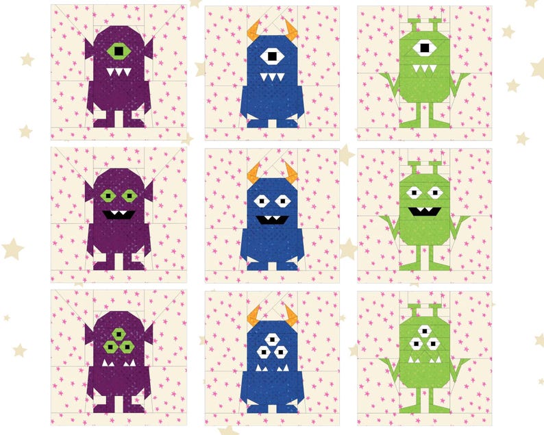 Silly Pattern Block Silly Monsters FPP Quilt Block Pattern | 9 Versions | 2 Sizes | Digital ...