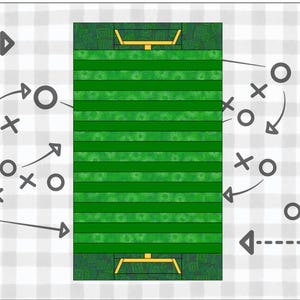 Puede incluir: Ilustración de un campo de fútbol americano con líneas verdes y blancas, que presenta un diagrama de juego con flechas, círculos y cruces. El campo tiene postes de portería amarillos en cada extremo, sobre un fondo a cuadros.