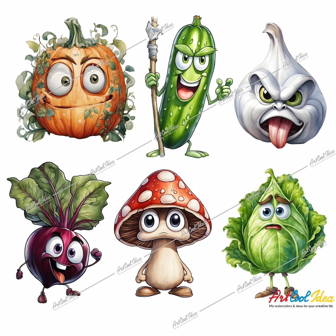 Cartoon Veggies, Clipart Cute Angry Vegetable Transparent Images Bundle ...