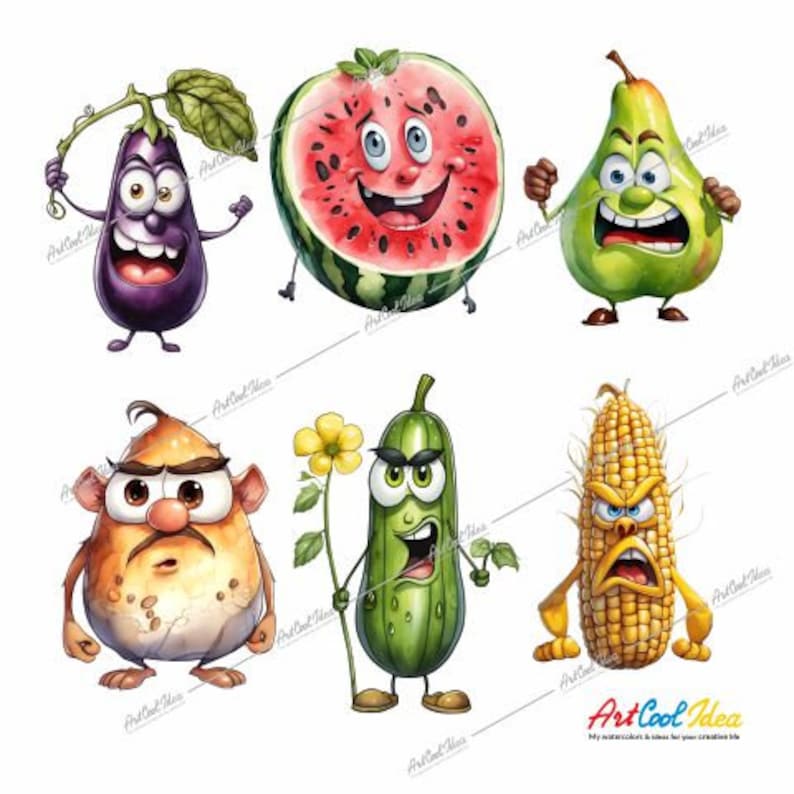 Cartoon Veggies, Clipart Cute Angry Vegetable Transparent Images Bundle ...
