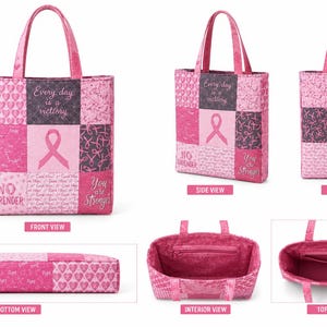 May include: Pink tote bag with a patchwork design. The bag features a pink ribbon, hearts, and inspirational text. The bag has two handles and a zippered interior pocket. The bag is approximately 35 cm wide and 30 cm tall.