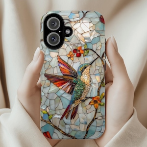 3D Hummingbird Stained Glass Effect Phone Case - Mosaic Case for iPhone 16 Pro Max 15 14 13 12 11 Plus, Samsung S24 Ultra S25, 419.2