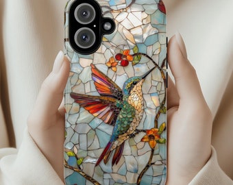 3D Hummingbird Stained Glass Effect Phone Case - Mosaic Case for iPhone 16 Pro Max 15 14 13 12 11 Plus, Samsung S24 Ultra S25, 419.2
