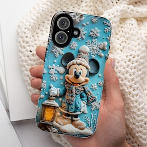 Custodia per telefono con effetto 3D di Topolino, design natalizio dei cartoni animati, custodia per telefono natalizia di Topolino blu per iPhone 16 15 14 Magsafe, Samsung S24, 442.7