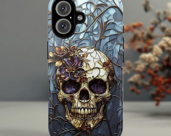 Stained Glass Dark Gothic Skull & Floral Phone Case, Dark Fantasy Art Design Phone Case for iPhone 16, Samsung S25, Pixel 9, 465.4