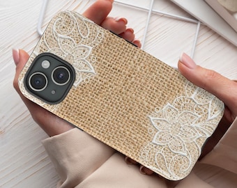 Personalized Burlap Lace Phone Case, Cottagecore Phone Case, Birthday Gift Cover for iPhone 15 14 13 12 11 XR Pro Max Plus/Samsung Galaxy
