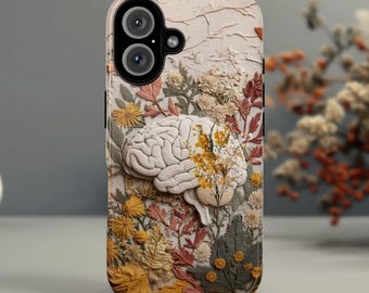 Fantasy Brain Floral Phone Case, Anatomical Brain & Autumn Flowers, Anatomy Art for iPhone 17 16 Tough or Magsafe, Samsung, 430.8