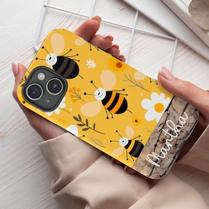 Personalized Honeycomb Bee Phone Case, Floral Bees Phone Case, Aesthetic Phone Case for iPhone 15 14 13 12 11 Pro Max Plus/Samsung Galaxy