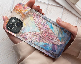 Stained Glass Angel Wings Phone Case, Aesthetic Phone Cover for iPhone 16 15 14 13 Magsafe, Pro Max Plus Samsung Galaxy S25, 358