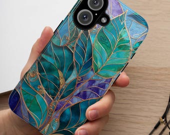 Green and Blue Leaf Phone Case with Gold Accents, Stained Glass Effect Artistic Nature Botanical Phone Cover for iPhone & Samsung, 478.7