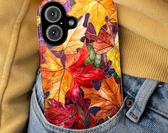 Colorful Fall Leaves Stained Glass Phone Case | Vibrant Autumn Design for iPhone 16 Pro Max 15 14 13 12 Plus Mag Safe, Samsung S25, 416.5