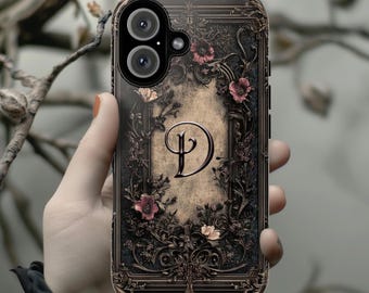 Dark Gothic Floral 3D effect Phone Case, Personalized Monogrammed Cover, Elegant Baroque Flower Design for iPhone 16, Samsung, Pixel, 463.5