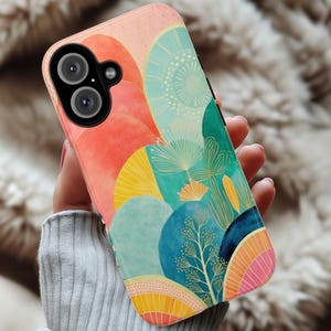 May include: A phone case with a colorful abstract design featuring a variety of shapes and colors, including pink, yellow, blue, and green. The design is reminiscent of a floral pattern with delicate lines and swirls.