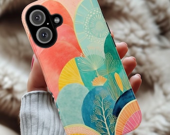 Funda para teléfono con paisaje abstracto bohemio, diseño de acuarela estética, con diseño de pintura para iPhone 15, 14, 13, 12, 11 Pro Max Plus y Galaxy S25, 135