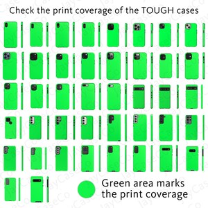 Puede incluir: Un gr&aacute;fico que muestra la cobertura de impresi&oacute;n de varias fundas de tel&eacute;fono. Las fundas son todas verdes y el &aacute;rea verde indica el &aacute;rea imprimible. El texto "Check the print coverage of the TOUGH cases" est&aacute; en la parte superior del gr&aacute;fico. El texto "Green area marks the print coverage" est&aacute; en la parte inferior del gr&aacute;fico.