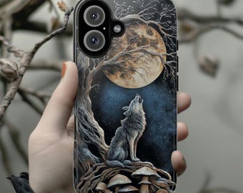 Moon Wolf Mytical Phone Case, Celestial Dark Forest Night Design Cover for iPhone 17 16 15 Tough or Magsafe, Samsung, 465.23