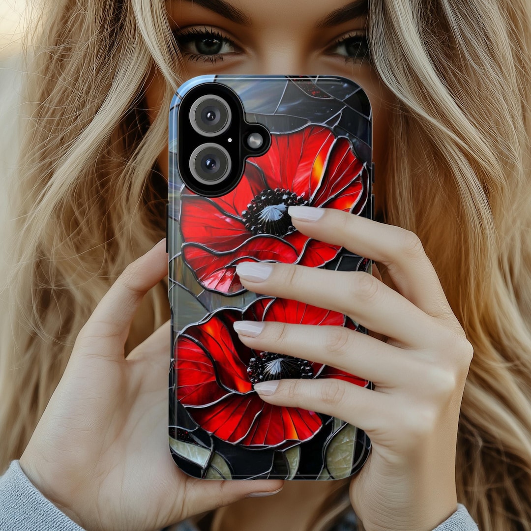 Stained Glass Red Poppies Phone Case, Mosaic Vibrant Red Poppy Magsafe ...