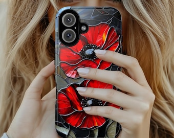 Stained Glass Red Poppies Phone Case, Mosaic Vibrant Red Poppy MagSafe Case for iPhone 16 15 14 13 Tough or MagSafe, Samsung S25, 418.17
