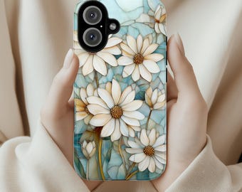 Stained Glass Daisy Floral Phone Case | Elegant Flower Design for iPhone 16 Tough or Magsafe 15 14 13 Plus Pro Max, Galaxy S25, 418.3