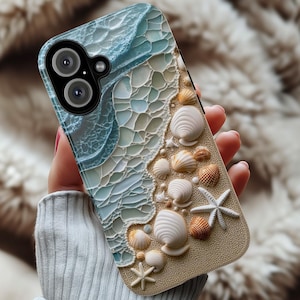 May include: A phone case with a blue and white seashell design. The case features a variety of seashells, including starfish, clams, and scallops. The background is a blue and white mosaic pattern.