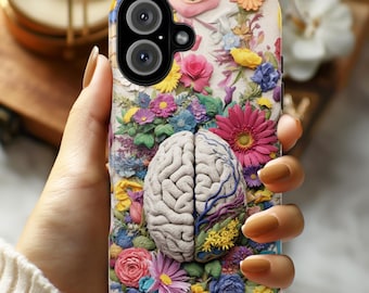 Pastel Anatomical Brain Phone Case, Botanical Meadow Florals | Medical Science Art Case for iPhone 17 16 Tough or Magsafe, Samsung, 430.5