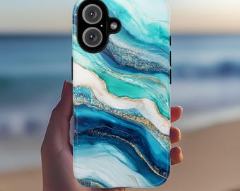 Turquoise White Agate Phone Case with Cracked Stone Texture | Elegant Gemstone Cover for iPhone 16 15 Tough or Magsafe, Samsung, 479.4