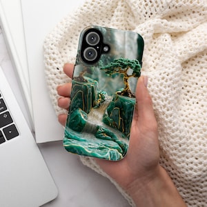 Asian Green Jade Carving Phone Case, Landscape Scenery Art Phone Cover, Aesthetic Phone Cover for iPhone 16 15 Pro Max, Samsung S24, 438.5