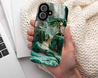 Asian Green Jade Carving Phone Case, Landscape Scenery Art Phone Cover, Aesthetic Phone Cover for iPhone 16 15 Pro Max, Samsung S24, 438.5