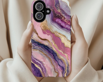 Elegante funda de teléfono con diseño abstracto de mármol rosa, morado y dorado para iPhone 17, 16 y 15, resistente o Magsafe, Samsung, 479.5