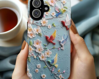 Colorful Hummingbird & Cherry Blossom Phone Case, Spring 3D Floral Design for iPhone 16, 15, 14, 13 Magsafe, Samsung S24, Pixel 9, 419.5