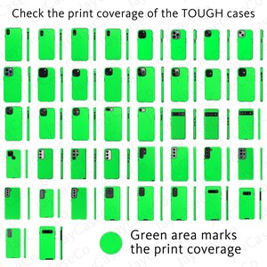 May include: A chart showing the print coverage of different phone cases. The cases are all green and the print coverage is shown in green. The text "Check the print coverage of the TOUGH cases" is at the top of the chart. The text "Green area marks the print coverage" is at the bottom of the chart.