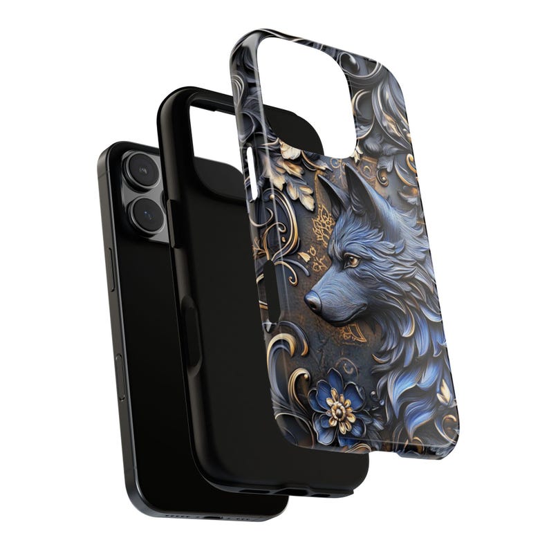 May include: A black phone case with a wolf's head design. The wolf is blue and gray with gold accents. The background is a dark blue with gold floral patterns.
