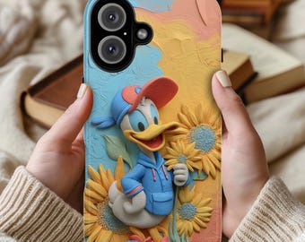 Cute Donald Duck Summer Phone Case with Sunflower Design – Cartoon Aesthetic Cover for iPhone 17 16 15 Tough or Magsafe, Samsung, 442.63