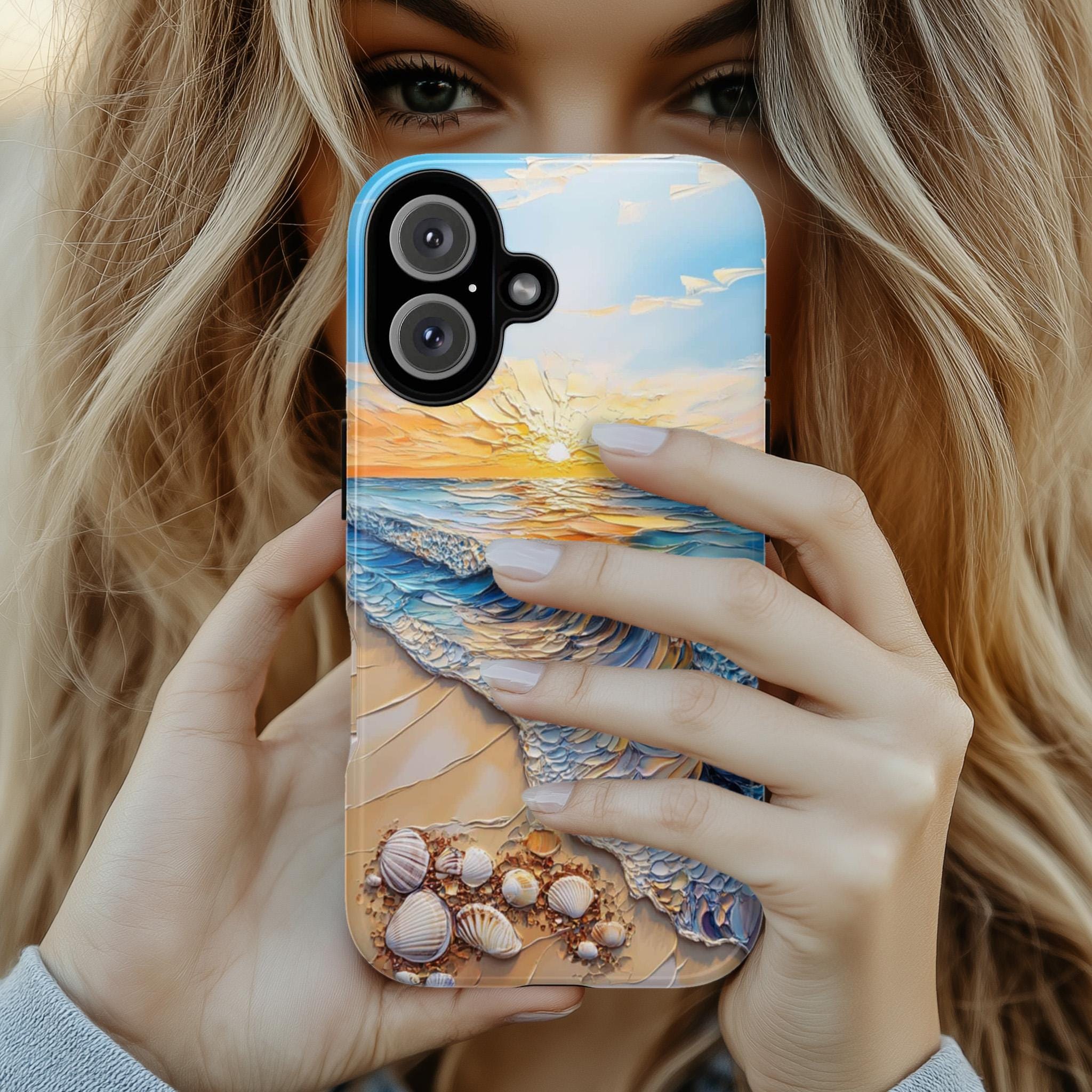 Summer Beach Oil Painting Art Phone Case, 3D Sunset Seashell Ocean Magsafe for iPhone 16 15 14 13, Samsung Galaxy, Pixel 9, 455.4