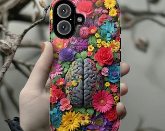 Vibrant Human Brain Floral Phone Case, Botanical Design with Daisies & Roses, Medical Case for iPhone 17 16 Tough or Magsafe, Samsung, 430.4