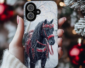 Black Horse Red Harness & Winter Forest Phone Case, Festive Christmas Cover for Horse Lovers iPhone 16 15 14 13 Magsafe, Samsung S24, 440.6