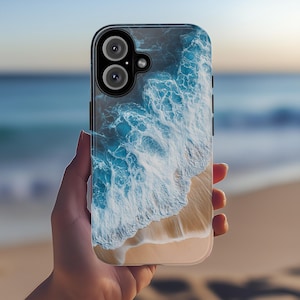 May include: A phone case featuring a blue and white ocean wave design. The case has a black camera cutout and a clear back.