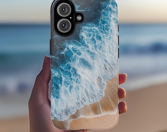 Funda para teléfono con diseño de olas oceánicas y playa, espuma de mar y arena, con arte costero 3D para iPhone 16, 15 y 14 (con Magsafe) y Samsung S25, 466.7
