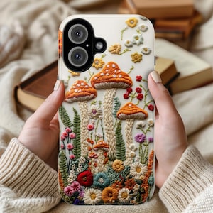 Custodia per telefono con ricamo 3D a forma di fungo e fiori, regalo per gli amanti della foresta, custodia in stile bosco per iPhone 16, 15, 14, 13, Magsafe, Samsung S25, 452,10