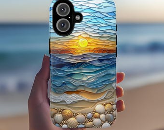 Stained Glass Summer Beach Sunset Phone Case, 3D Seashell Ocean Magsafe for iPhone 16 15 14 13 Pro Max Plus / Samsung S24 Pixel, 455.1