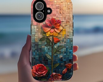 Telefoonhoesje met mozaïek regenboog bloemen - kleurrijk bloemkunstwerk geschikt voor iPhone 16 Pro Max 15 14 13 12 11 Plus, Samsung S24 Ultra S25, 418.1