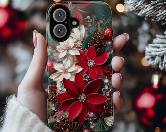 Christmas Poinsettia Phone Case, Festive Holiday Floral Cover for Tough Case or MagSafe for iPhone 17 16, Samsung, 481.8
