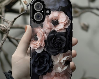 Elegant Pink and Black Roses Phone Case | Dark Gothic Floral Case, Romantic Vintage Cover for iPhone 16 15 Tough or Magsafe, Samsung, 428.20