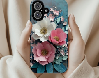 Rustic Paper Art Floral Phone Case with White & Pink Flowers, 3D Botanical Design for iPhone 16 15 14 13 Tough or Magsafe, Samsung, 470.16