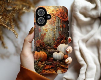 Autumn Forest Pumpkin Phone Case with Fall Leaves Design, Thanksgiving Phone Cover for iPhone 16 15 Tough or Magsafe, Samsung, 475.23