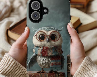 Cute Owl Phone Case with Books Illustration, Gift for Book Lovers and Readers Cover for iPhone 17 16 15 Tough or Magsafe, Samsung, 423.36